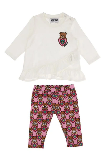 Shop Moschino Kids' Bear Logo Tee & Heart Print Leggings Set In 82579 Sweet