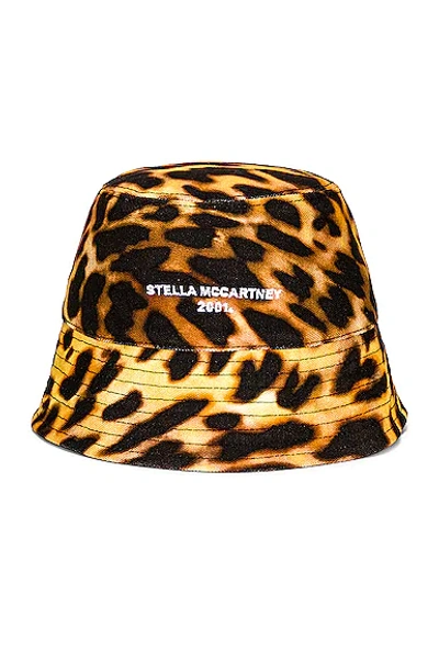Stella Mccartney Orange Leopard Print Logo Cotton Bucket Hat In Natural & Black
