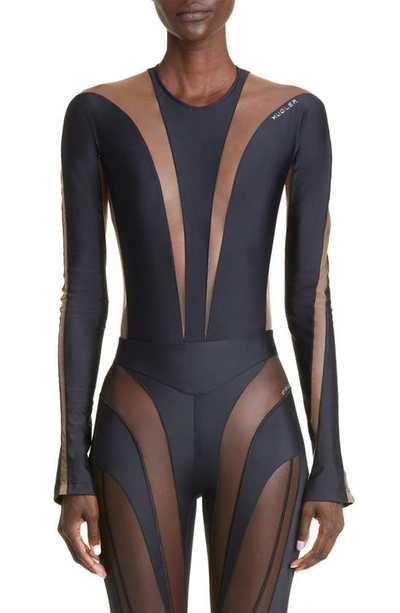 Shop Mugler Illusion Long Sleeve Bodysuit In Black Nude 01