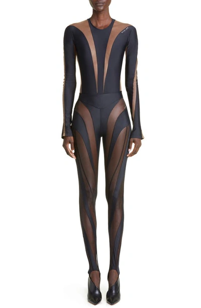 Mugler Illusion Long Sleeve Bodysuit In Black Modesens