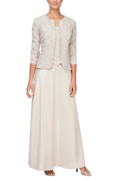 Shop Alex Evenings Embroidered Lace Mock Two-piece Gown With Jacket In Taupe