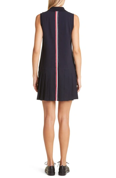 Shop Thom Browne Pleated High-low Cotton Polo Dress In Navy