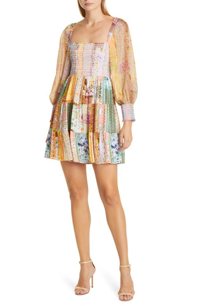 Shop Alice And Olivia Rowen Print Puff Sleeve Smocked Dress In Vintage Summer Lavndr Flds