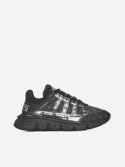 Shop Versace Trigreca Fabric And Leather Sneakers