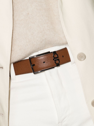Ferragamo Leather Belt With Reversible Metal Hardware In Braun