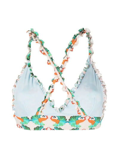 Shop La Doublej Frilly Bird-motif Bikini Top In Neutrals