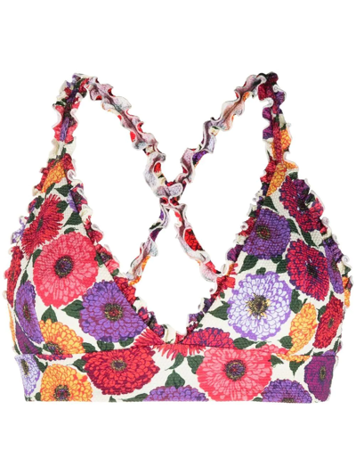 Shop La Doublej Frilly Floral-print Bikini Top In Purple