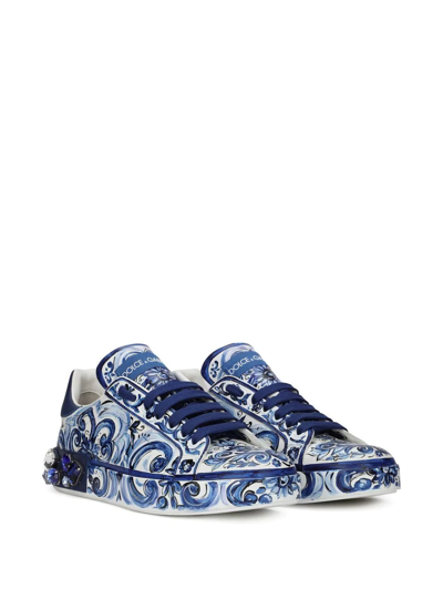 Shop Dolce & Gabbana Portofino Majolica-print Leather Sneakers In Blue