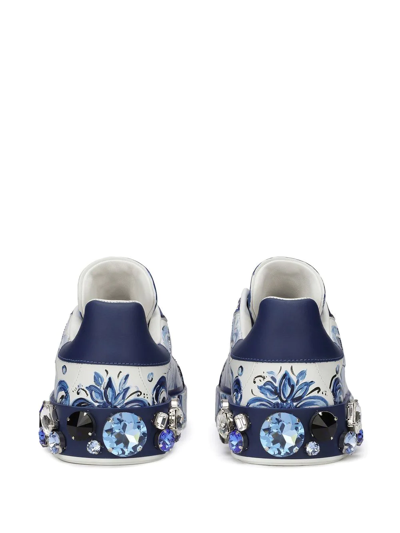Dolce & Gabbana Majolica-print Calfskin Portofino Sneakers In Blue