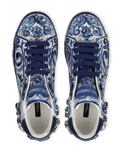 Shop Dolce & Gabbana Portofino Majolica-print Leather Sneakers In Blue