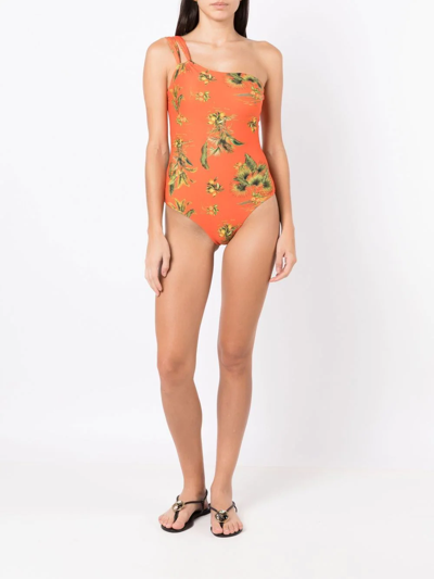 Shop Lygia & Nanny Floral-print One-shoulder Swimsuit In Orange