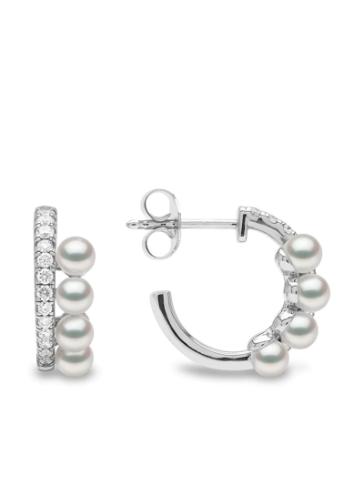 Yoko London 18kt White Gold Eclipse Akoya Pearl And Diamond Hoop Earrings In Silber