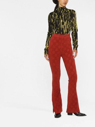 Ambush High-waisted Flared Trousers In Rust Brown Velvet With Monogram Motif In Braun