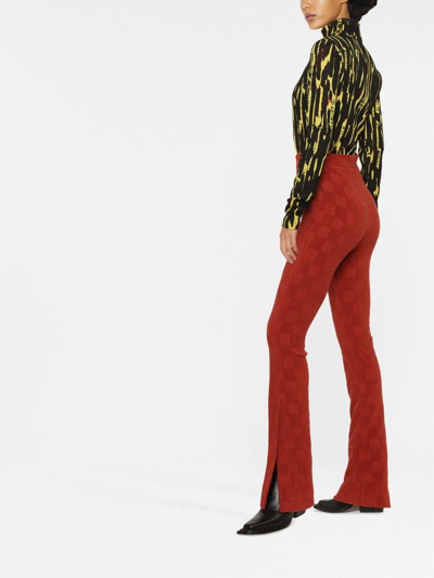 Ambush High-waisted Flared Trousers In Rust Brown Velvet With Monogram Motif In Braun