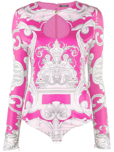 Shop Versace Barocco-print Cut-out Bodysuit In Rosa