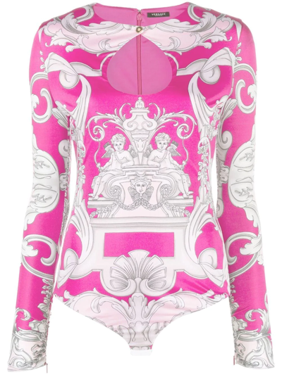 Versace Silver Baroque Print Viscose Bodysuit In Rosa