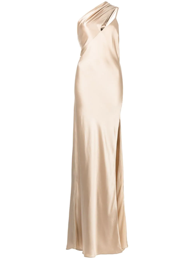 Shop Michelle Mason Side-slit One-shoulder Gown In Gold