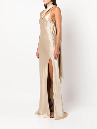 Shop Michelle Mason Side-slit One-shoulder Gown In Gold