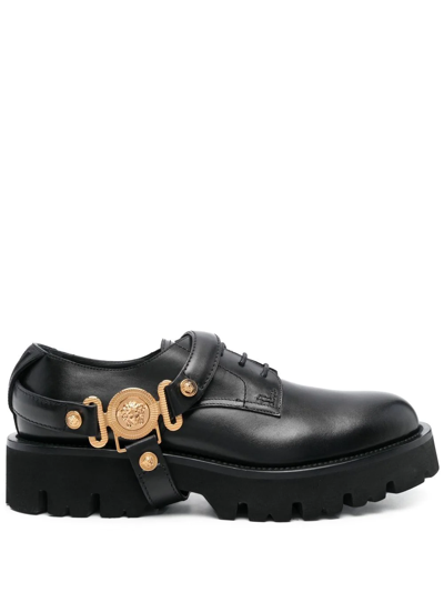 Shop Versace Strap-detailed Leather Loafers In Black