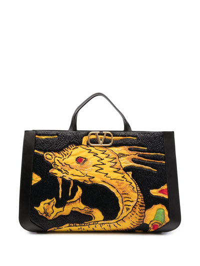 Shop Valentino Drago Re-edition Vlogo Embroidered Tote Bag In Schwarz