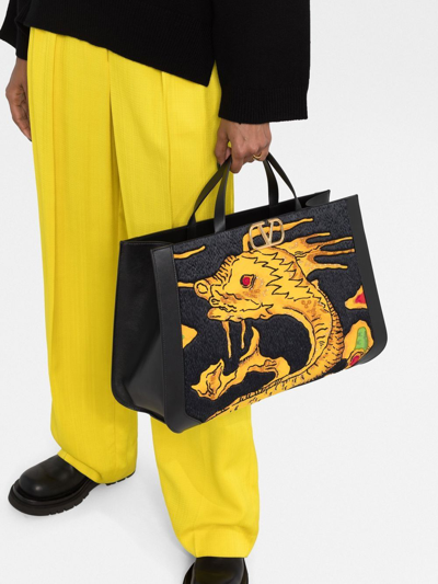 Shop Valentino Drago Re-edition Vlogo Embroidered Tote Bag In Schwarz