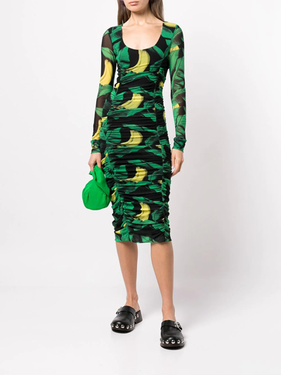 Shop Ganni Graphic-print Mesh Midi Dress In Green
