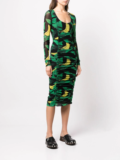 Shop Ganni Graphic-print Mesh Midi Dress In Green
