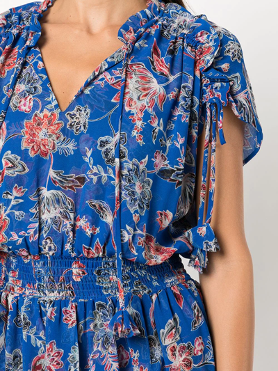 Shop Misa Floral-print Smocked-waist Dress In Blue