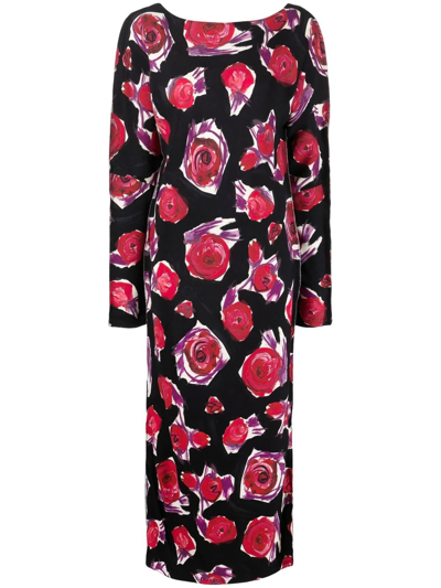 Marni Tulip-print Boat-neck Crepe Midi Dress In Black | ModeSens