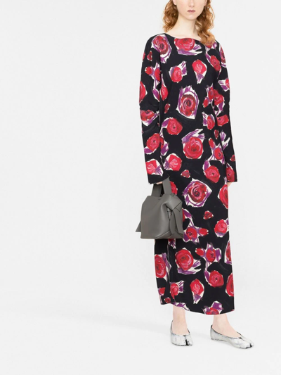 Marni Tulip-print Boat-neck Crepe Midi Dress In Schwarz