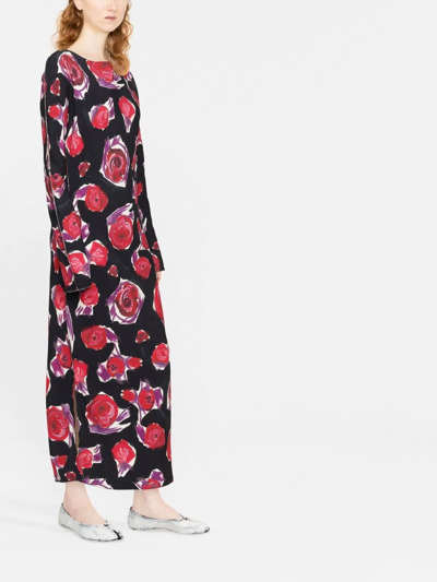Marni Tulip-print Boat-neck Crepe Midi Dress In Schwarz