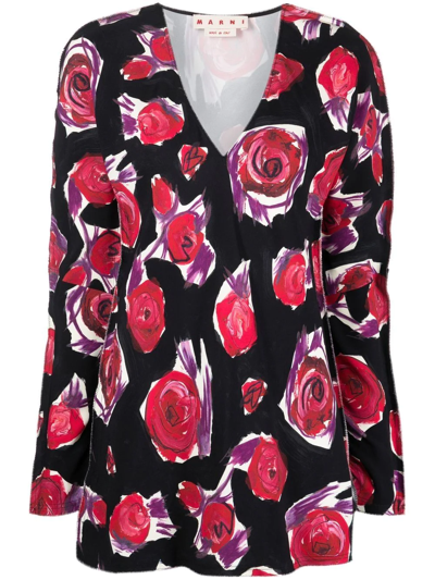 Shop Marni Rose Print Top In Schwarz