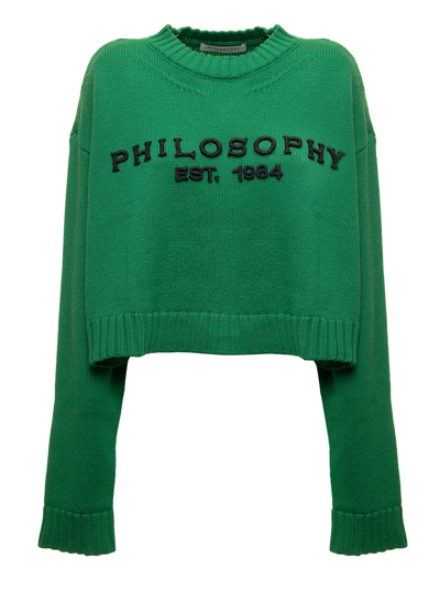 Shop Philosophy Di Lorenzo Serafini Green Wool Cropped Sweater With Logo Philosophy By Lorenzo Serafini Woman