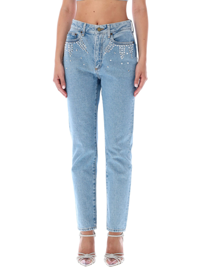 Shop Alessandra Rich Straight Denim Jeans With Crystal Embellishment In Light Blue
