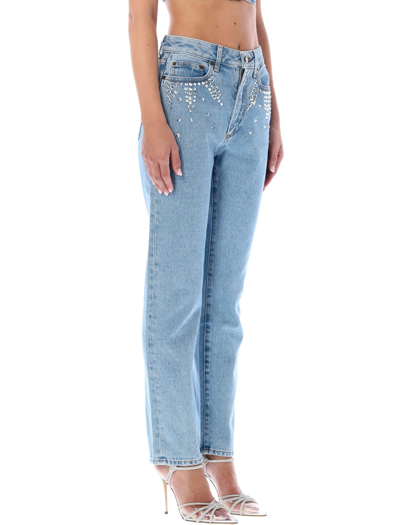 Shop Alessandra Rich Straight Denim Jeans With Crystal Embellishment In Light Blue