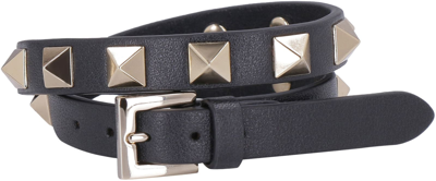 Shop Valentino Garavani - Rockstud Leather Double-wrap Bracelet In Black