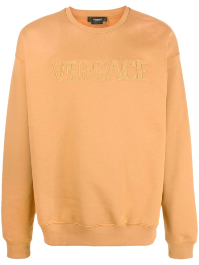 Shop Versace Embroidered-logo Detail Sweatshirt In Brown