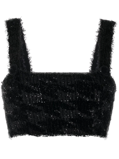 Balmain Cropped Sequin-embellished Houndstooth Stretch-knit Top In Black