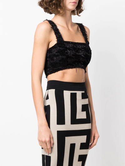 Balmain Cropped Sequin-embellished Houndstooth Stretch-knit Top In Black
