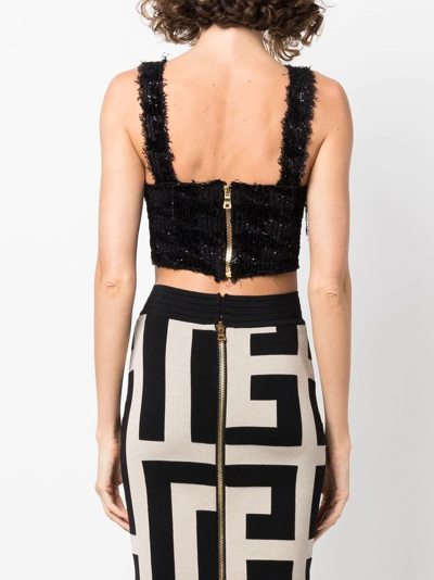 Balmain Cropped Sequin-embellished Houndstooth Stretch-knit Top In Black