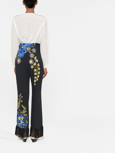 Shop Etro Floral-print Fringed Tailored Trousers In Schwarz