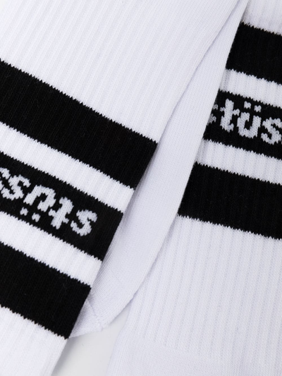 Shop Stussy Striped Crew Cotton Socks In White