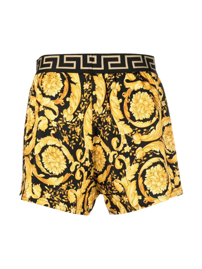 Shop Versace Baroque-print Silk Boxer Shorts In 黄色