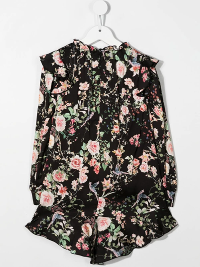 Shop Miss Blumarine Floral-print Ruffle-trim Dress In 黑色