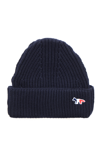 Shop Maison Kitsuné Ribbed Knit Beanie In Navy