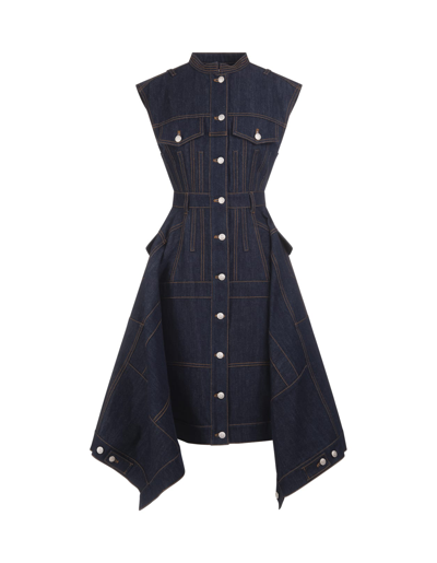 Shop Alexander Mcqueen Washed Blue Denim Midi Dress With Panels In Rinsed Blue