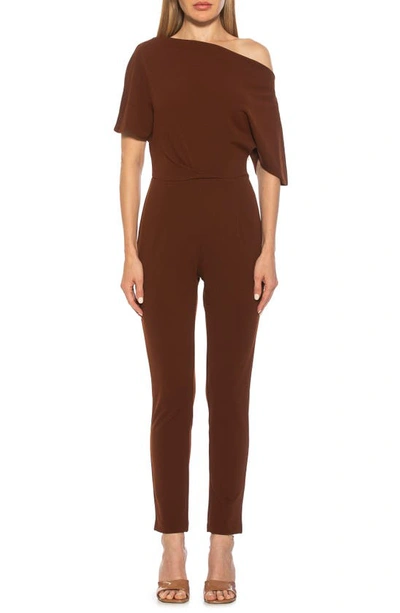 Shop Alexia Admor Draped One-shoulder Jumpsuit In Brown