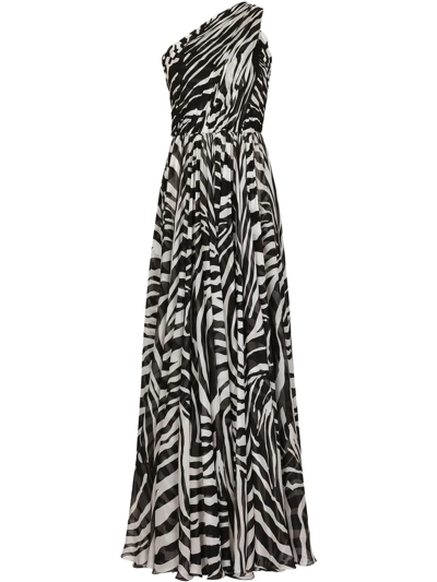 Dolce & Gabbana One-shoulder Zebra Print Silk Chiffon Gown In Black