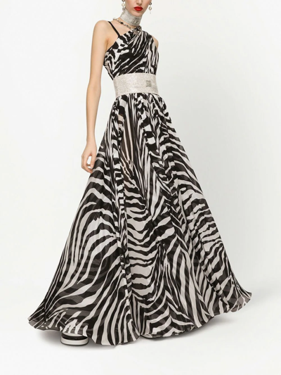Shop Dolce & Gabbana Zebra-print One-shoulder Chiffon Gown In Black