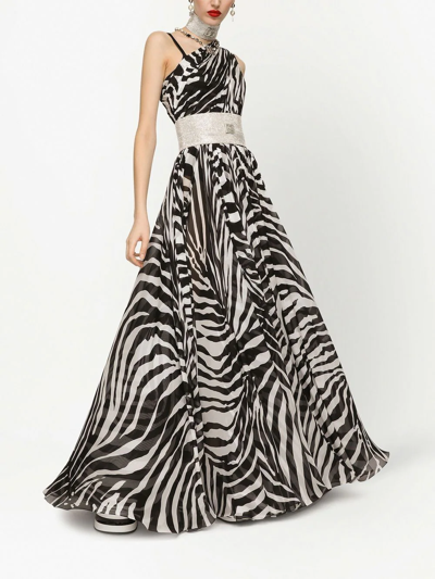 Dolce & Gabbana One-shoulder Zebra Print Silk Chiffon Gown In Black